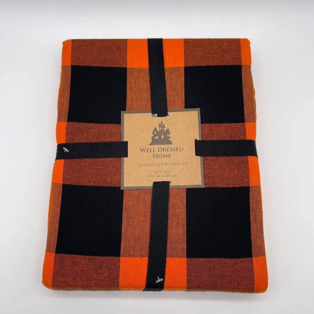 Well Dressed‎ Home Fall Black & Orange Plaid Tablecloth and 12 Napkins Set